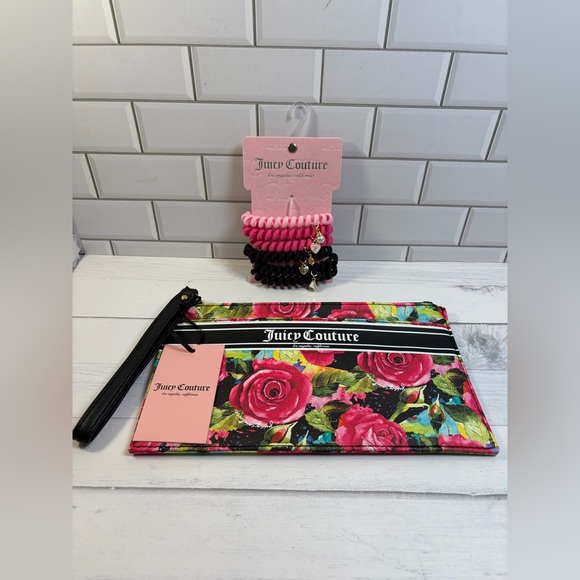 Juicy Couture  Gothic Logo Stripe Wristlet 9.75 x 5.5”/Ponytail Holder - Picture 1 of 16